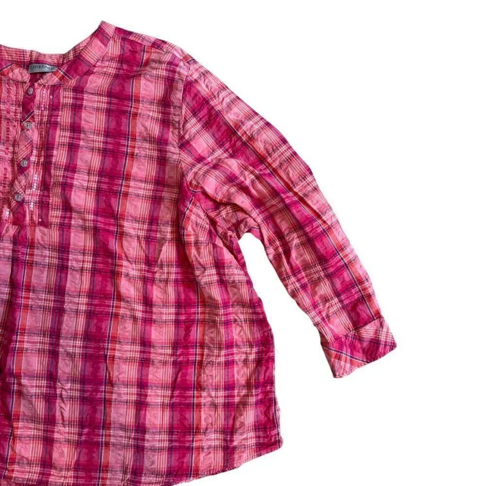 Catherine's Pink Plaid Top Womens Plus 3X Seersucker Long Sleeve Half Button - Picture 4 of 8